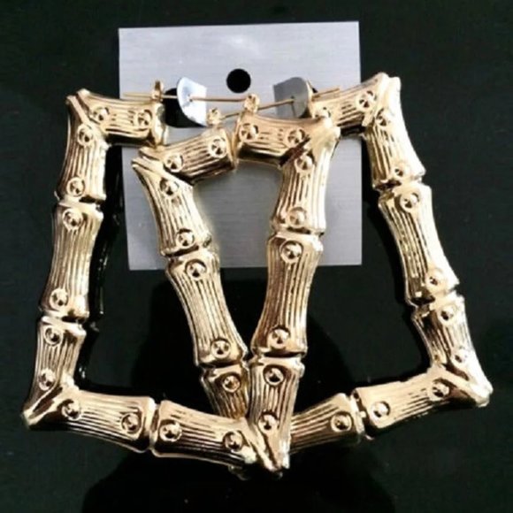 Bamboo Square Pierced Gold Large Earring - Picture 4 of 6